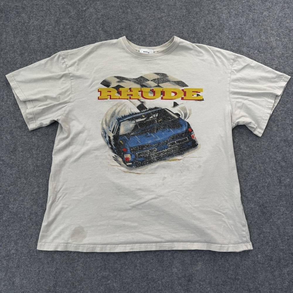 Rhude T-Shirt Mens Xl Yellow Racing Car Graphic Rh Logo Made in USA